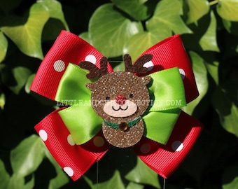 Christmas Glitter Reindeer Red Green Hairbow - Christmas Bow - Christmas Gift - Tacky Christmas Sweater