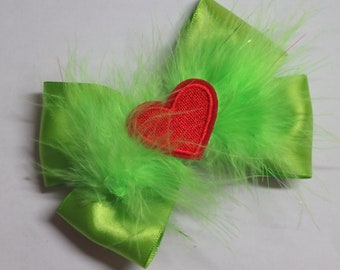 Christmas Santa Claus HairBow, red and lime green fur, Christmas bow - ugly christmas sweater outfit