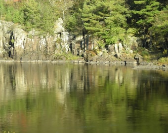 Lake Scene, Still Water, Rocky Shore, Forest, Shoreline Reflection on Lake, Green leaves, Tan Rock, Nature Photography, Landscape Picture,