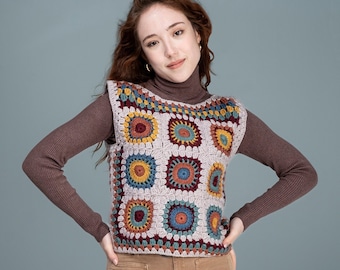 Gilet carré grand-mère au crochet fait main pull patchwork ton
