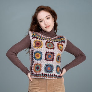 Handmade Crochet Granny Square Vest: Earth Tone Patchwork Sweater