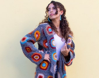 Woman’s Boho Hooded Jacket Woman’s Black Cotton Cardigan Multicolor Unique Hooded Parka Patchwork Style Hooded Crochet Cardigan Clothing Womens Clothing Jumpers Cardigans 