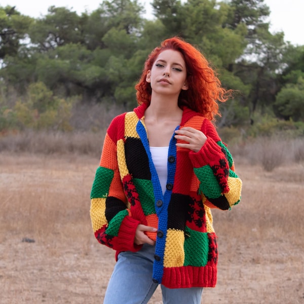 Harry Styles Inspired Cardigan, Colour Block Patchwork Cardigan, Hand Knit Sweater, Multicolour Oversized Cardigan, Harry Styles Sweater