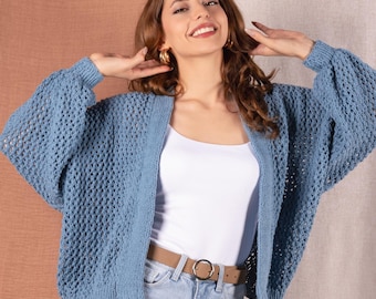 Organic Cotton Knit Cardigan: Batwing Sleeve Boho Jacket