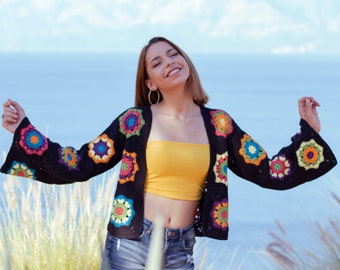 Cárdigan de abuela a crochet: Chaqueta corta de algodón estilo bohemio