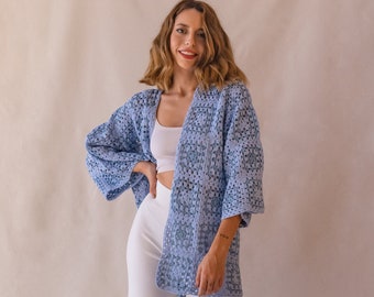 Kimono Cardigan for Women, Granny Square Cardigan, Patchwork Jacket, Blue Cotton Sweater, Cotton Cardigan, Crochet Cardigan, Gift for her