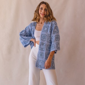 Kimono Cardigan for Women, Granny Square Cardigan, Patchwork Jacket, Blue Cotton Sweater, Cotton Cardigan, Crochet Cardigan, Gift for her