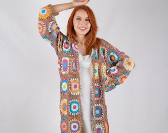 Granny Square Crochet Cardigan, Afghan Cardigan, Cotton Summer Jacket, Hand Knit Patchwork Sweater, Boho Hippie Clothing, Gift for her