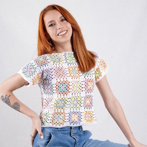 Crop Top in Pastel Colors, Crochet Boho Top, Cotton Patchwork Shirt, Granny Square Afghan Sweater, Boho Women's Clothing, Crochet Blouse