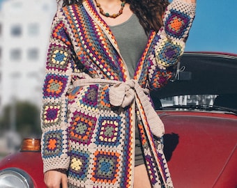 Granny Square Afghan Coat, Patchwork Hippie Jacket, Long Knit Cardigan, Crochet Boho Cardigan, Cotton Knit Cardigan, Crochet Sweater Womens