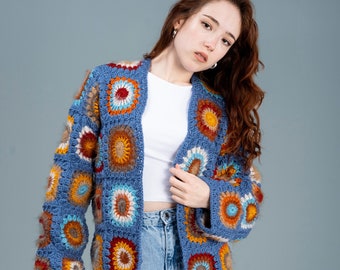Granny Square Patchwork Jacket, Crochet Afghan Coat, Boho Knit Cardigan, Denim Blue Jacket, Rainbow Coat, Boho Hippie Clothing, Gift for her