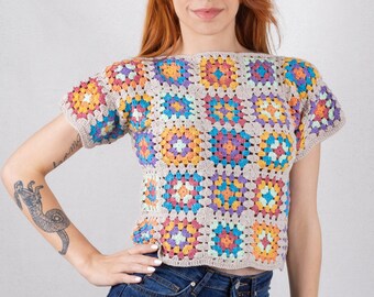 Crochet Boho Top, Granny Square Crop Top, Short Sleeve Shirt, Cotton Blouse, Boho Hippie Clothing, Patchwork Shirt, Summer Top, Gift for her