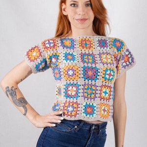 Crochet Boho Top, Granny Square Crop Top, Short Sleeve Shirt, Cotton Blouse, Boho Hippie Clothing, Patchwork Shirt, Summer Top, Gift for her