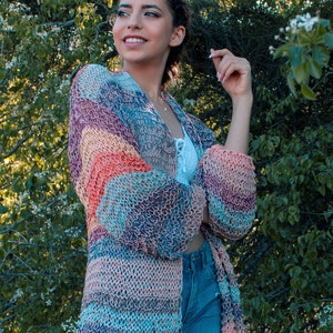 Multi Color Cotton Cardigan, Knit Cardigan for Spring, Light Wrap Cardigan, Knit Boho Shrug, Loose Knit Cotton Sweater, Open Front Cardigan image 1