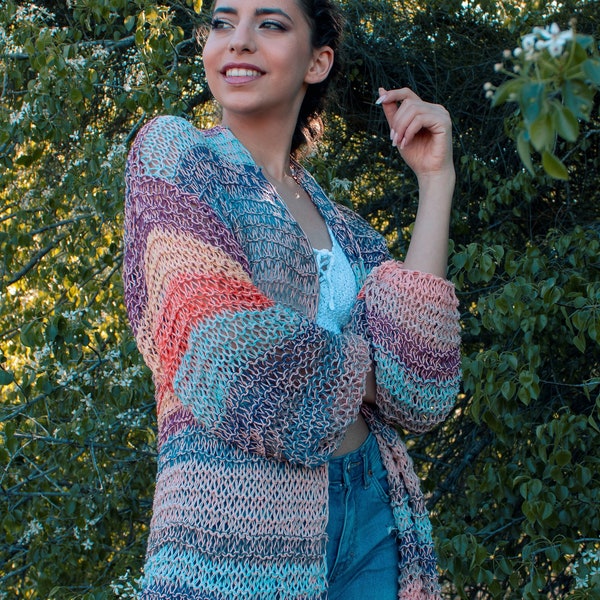 Multi Color Cotton Cardigan, Knit Cardigan for Spring, Light Wrap Cardigan, Knit Boho Shrug, Loose Knit Cotton Sweater, Open Front Cardigan