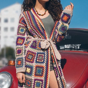 Granny Square Afghan Coat, Patchwork Hippie Jacket, Long Knit Cardigan, Crochet Boho Cardigan, Cotton Knit Cardigan, Crochet Sweater Womens