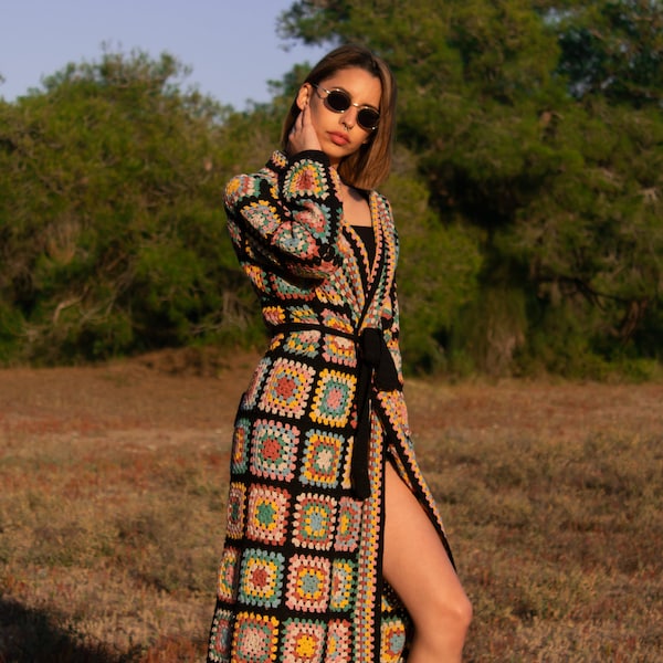 Gehaakt oma vierkant vest: boho patchwork katoenen jas