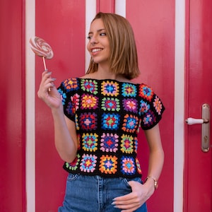 Granny Square Crop Top, Crochet Boho Top, Short Sleeve Shirt, Cotton Patchwork Top, Crochet Blouse, Boho Women's Clothing, Rainbow Crop Top