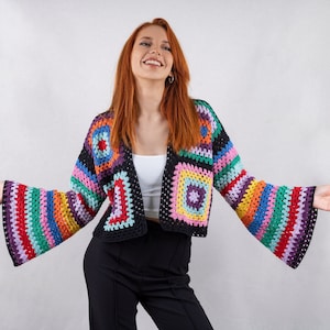 Bell Sleeve Crop Cardigan, Cotton Summer Cardigan, Colorful Patchwork Jacket, Granny Square Crochet Sweater, Boho Clothing, Gift for her