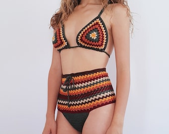 Set bikini all'uncinetto a vita alta, top bikini a triangolo, fondo bikini a vita alta, fondo bikini sfacciato, costume da bagno Boho, regali di festa