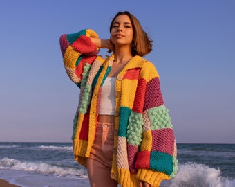 Cárdigan de patchwork de punto a mano, cárdigan de patchwork de bloque de color, chaqueta multicolor, suéter de gran tamaño, cárdigan colorido grueso, regalo para ella