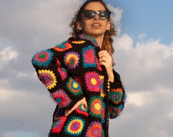 Granny Square Afghan Coat, Boho Crochet Cardigan, Patchwork Jacket, Wool Coat, Granny Square Sweater, Afghan Cardigan, Long Hooded Coat