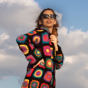 Granny Square Wool Afghan Coat: Boho Crochet Patchwork Cardigan
