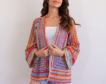 Hand Knit Cardigan for Women, Colorful Knit Sweater, Oversized Cardigan, Womens Knitwear, Crochet Cardigan, Granny Sqaure Crochet Jacket