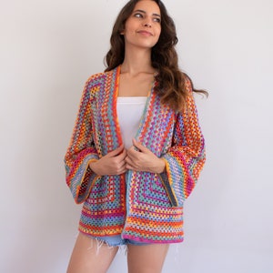 Hand Knit Cardigan for Women, Colorful Knit Sweater, Oversized Cardigan, Womens Knitwear, Crochet Cardigan, Granny Sqaure Crochet Jacket