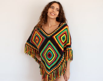 Crochet Rasta Poncho, Rasta Clothing, Hand knitted Jamaican Poncho, Jamaican Festival Outfit, Vegan Cotton Poncho, Boho Hippie Chic Style