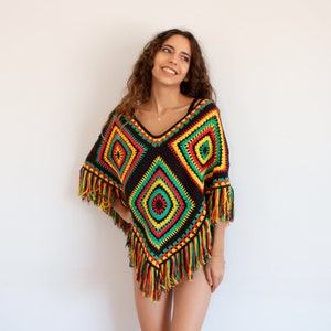 Crochet Rasta Poncho, Rasta Clothing, Hand knitted Jamaican Poncho, Jamaican Festival Outfit, Vegan Cotton Poncho, Boho Hippie Chic Style