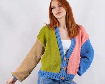 Cardigan in cotone lavorato a maglia, Giacca Patckwork multicolore, Cardigan grosso, Cardigan corto colorato, Maglione con scollo a V, Carigan estivo, Regalo per lei