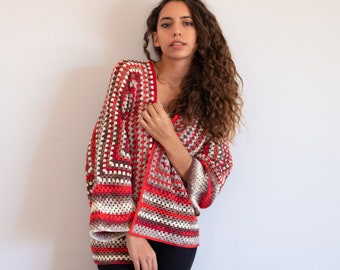 Hand Knitted Cardigan, Granny Square Crochet Cardigan, Colorful Knit Jacket, Oversized Sweater, Cardigan Sweater for Women, Womens Knitwear