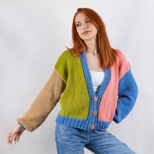 Knit Cotton Cardigan, Multi Color Patckwork Jacket, Chunky Cardigan, Colorful Crop Cardigan, V-Neck Sweater, Summer Carigan, Gift for her image 1