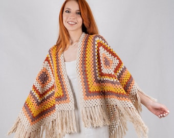 Crochet Boho Shawl, Multicolor Knit Cotton Wrap, Blanket Shawl, Summer Cover Up, Hippie Clothing, Crochet Grandma Square Afghan, Cadeau pour elle