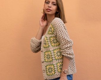 Cardigan in cotone all'uncinetto per donne, cardigan Boho, giacca corta, maglione lavorato a maglia, cardigan patchwork, giacca quadrata della nonna, regalo per lei