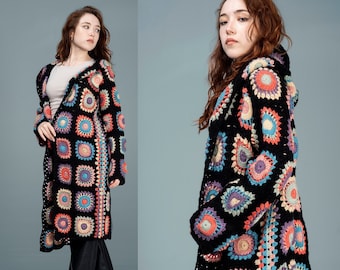 Granny Square Afghan Cardigan, Patchwork Crochet Jacket, Black Multicolor Cardigan, Wool Boho Sweater, Hand Knit Cardigan, Gift for her