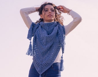 Boho Triangle Scarf, Women Neckerchief, Cotton Triangle Shawl, Boho Crochet Wrap, Blue Knit Scarf, Spring Summer Accessories, Gift for her