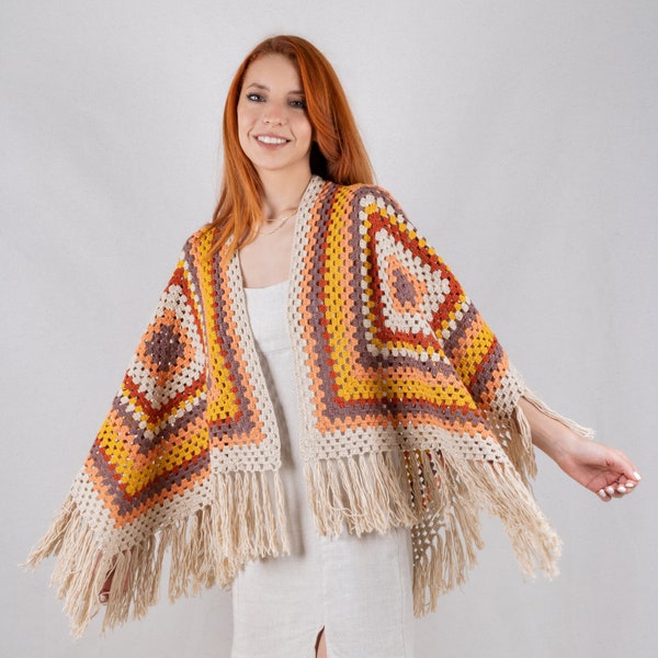 Gehäkeltes Boho-Tuch, Mehrfarbiger Strick-Baumwoll-Tuch, Decke Schal, Sommer Cover Up, Hippie Kleidung, Gehäkelte Oma Square Afghan, Geschenk für sie