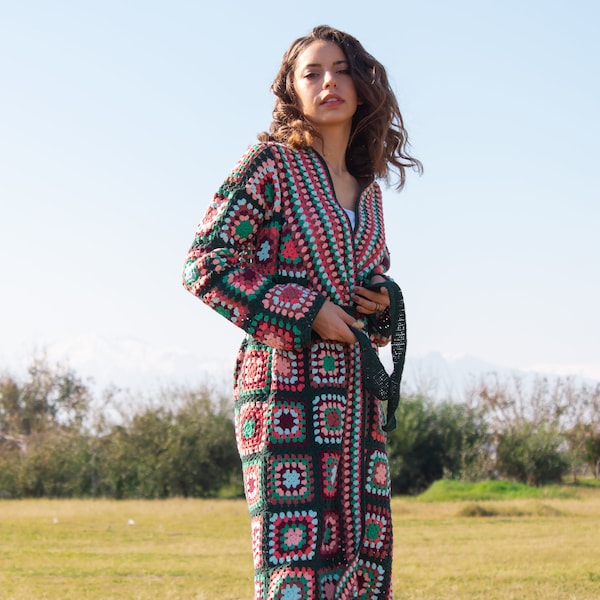 Handgehaakte patchwork Afghaanse jas: boho oma vierkant katoenen jack