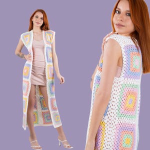 Crochet Granny Square Vest: Long Cotton Boho Cardigan