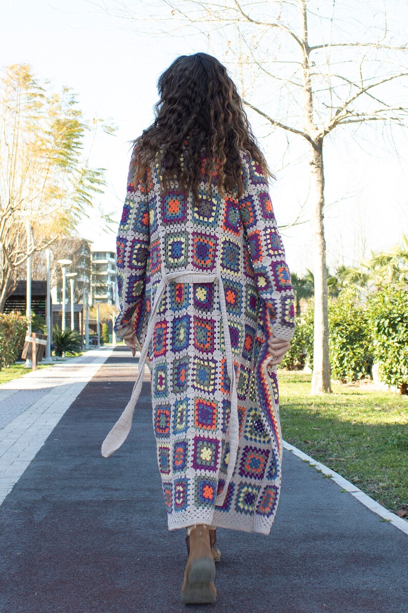 Granny Square Afghan Coat, Patchwork Hippie Jacket, Long Knit Cardigan, Crochet Boho Cardigan, Cotton Knit Cardigan, Crochet Sweater Womens image 6