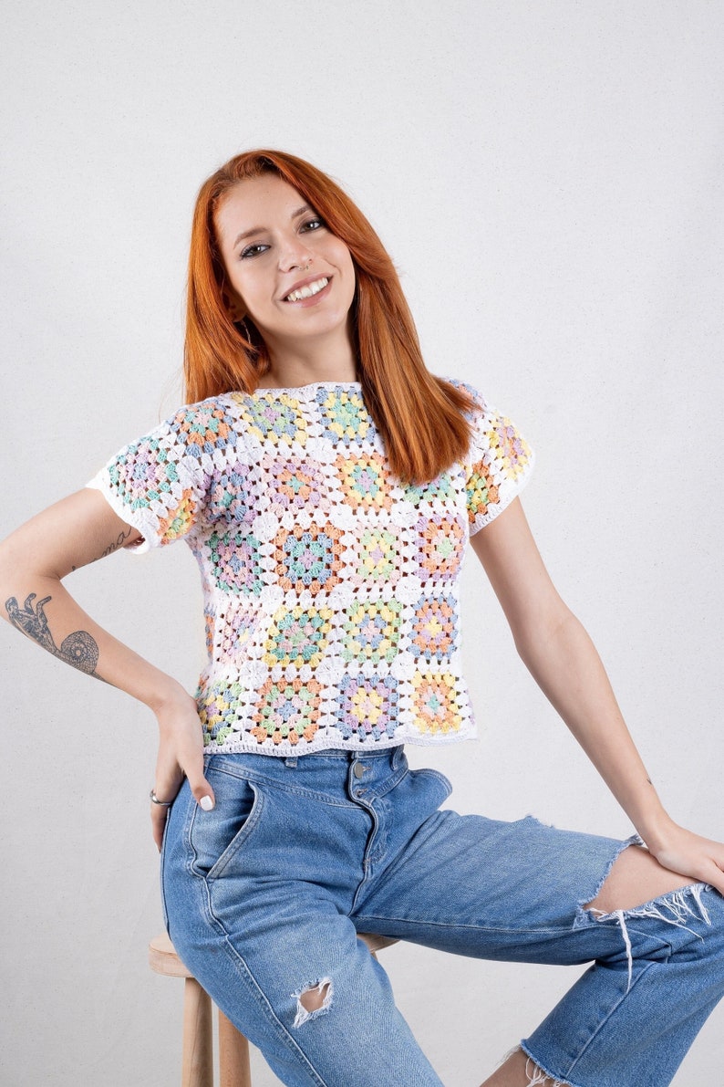 Crop Top in Pastel Colors, Crochet Boho Top, Cotton Patchwork Shirt, Granny Square Afghan Sweater, Boho Women's Clothing, Crochet Blouse image 1
