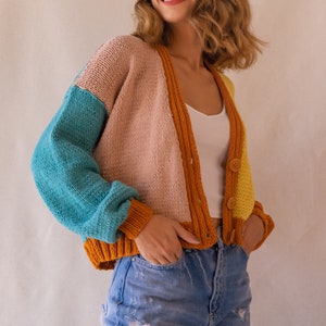 Knit Colorful Cardigan for Women, Cotton Cardigan, Knit V-Neck Sweater, Multi Color Patckwork Jacket, Chunky Cropped Cardigan, Gift for her image 3