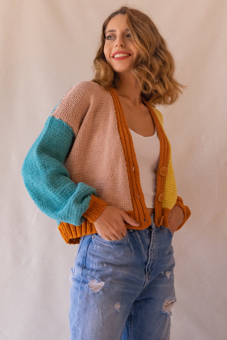 Knit Colorful Cardigan for Women, Cotton Cardigan, Knit V-Neck Sweater, Multi Color Patckwork Jacket, Chunky Cropped Cardigan, Gift for her image 3