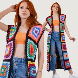 Crochet Granny Square Vest: Long Cotton Patchwork Waistcoat