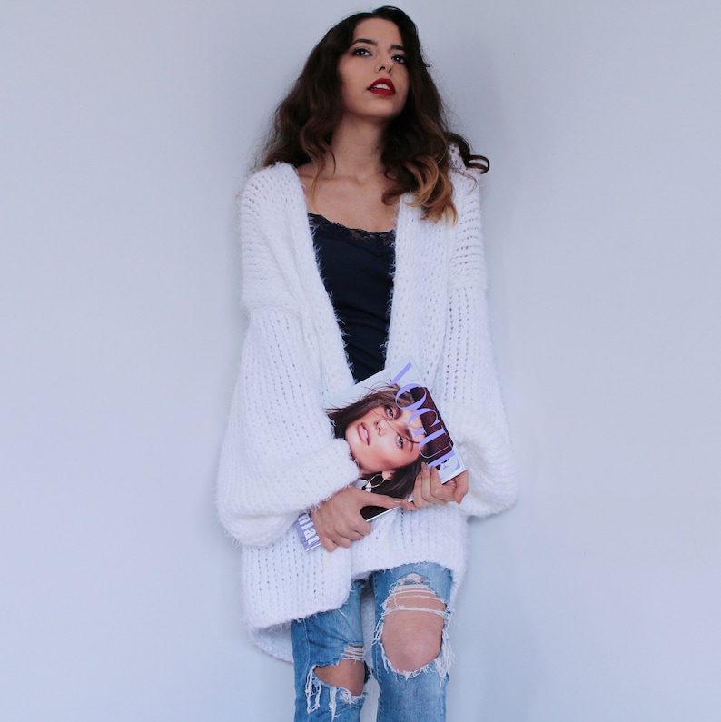 Chunky Knit Cardigan, Hand Knit Sweater, White Knit Cardigan, Chunky Wool Cardigan, Long Cardigan, Oversized Cardigan, White Knit Sweater image 2