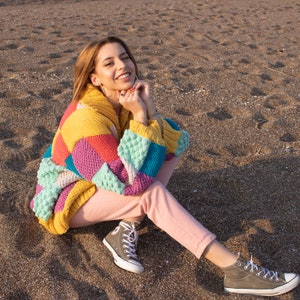 Harry Styles Inspired Cardigan, Colour Block Patchwork Cardigan, Knit Rainbow Sweater, Multicolour Oversized Cardigan, Harry Styles Sweater image 9