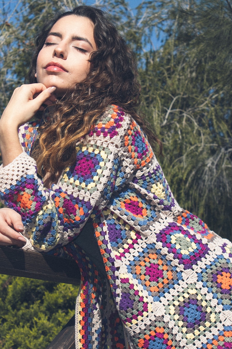 Granny Square Afghan Coat, Patchwork Hippie Jacket, Long Knit Cardigan, Crochet Boho Cardigan, Cotton Knit Cardigan, Crochet Sweater Womens image 4