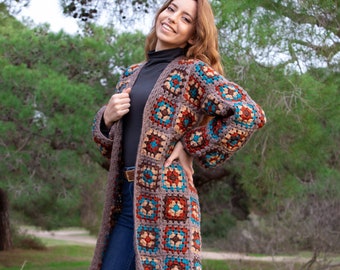 Granny Square Cardigan, Afghan Coat, Patchwork Jacket, Granny Square Crochet Coat, Wool Afghan Cardigan, Boho Cardigan, Hippie Clothing